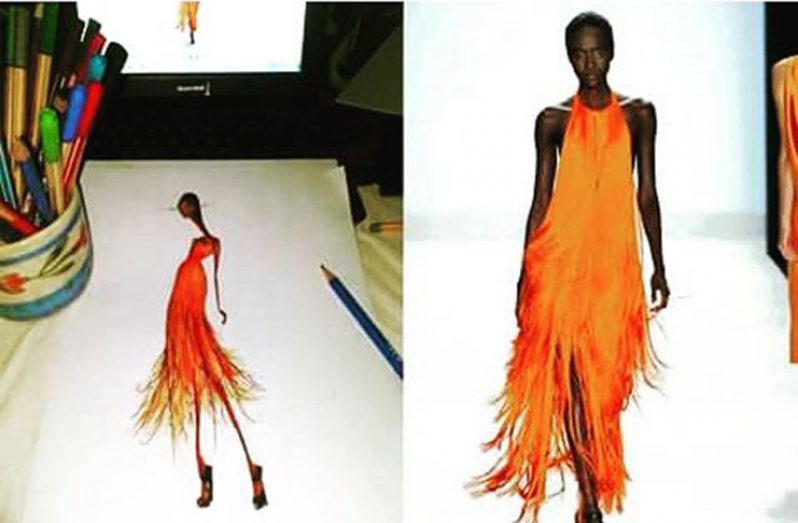 One of Clinton’s illustrations for a designer come to life on the runway