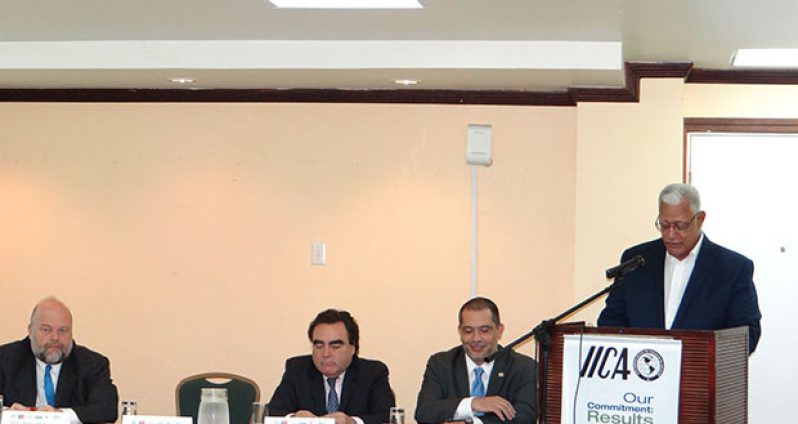 Minister Holder addressing participants at the Codex workshop. At the head-table, from left to right, are Ambassador Holloway, Ambassador Claudio Rojas Rachel, and IICA local representative Wilmot Garnett