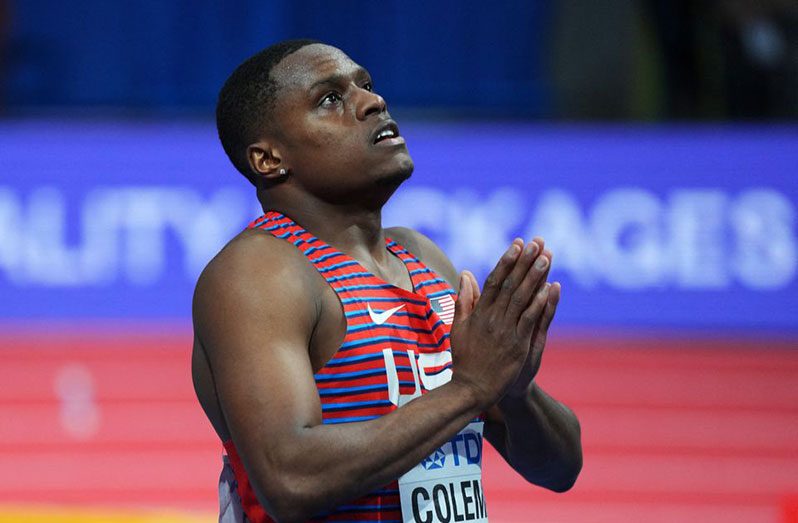 Athletics - World Athletics Indoor Championships - Stark Arena, Belgrade, Serbia - March 19, 2022 Christian Coleman of the U.S reacts after the men's 60m final (REUTERS/Aleksandra Szmigiel)