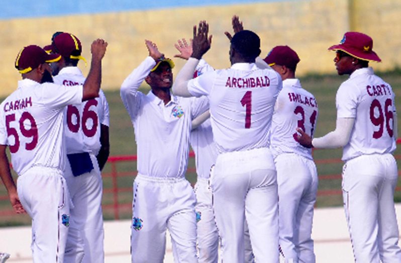 Colin Archibald (third from right) celebrates a wicket during day two of the second four-day ‘Test’. (Photo courtesy CWI Media)