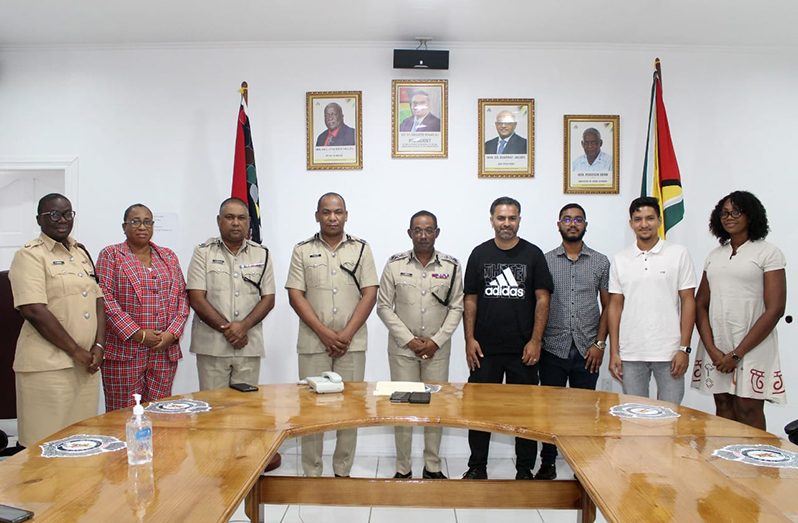 (Senior officers from left) Mrs. Nicola Kendall, Ms. Cristal Robinson, Mr. Ravindradat Budhram, Mr. Calvin Brutus and Top Cop, Clifton Hicken, in the presence of Mr. Sheryar Hussain, Mr. Rajendra Singh, Mr. Matthew Phang and Ms. Lashaun Williams at the recent meeting held in the Commissioner’s Conference Room at Force Headquarters, Eve Leary (GPF photo)