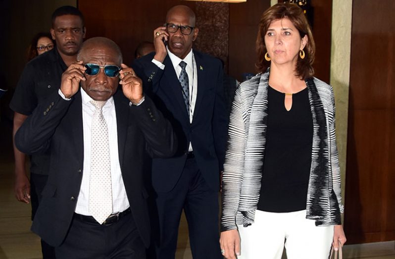 Foreign Affairs Minister Carl Greenidge and his Colombian counterpart, María Holguín, following their engagement on strengthening bilateral relations between Guyana and Colombia (Adrian Narine photo)