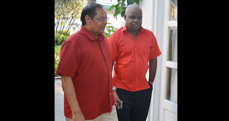 Prime Minister Moses Nagamootoo arrives for the CCWU Congress. He is escorted by the Union’s president, Sherwood Clarke