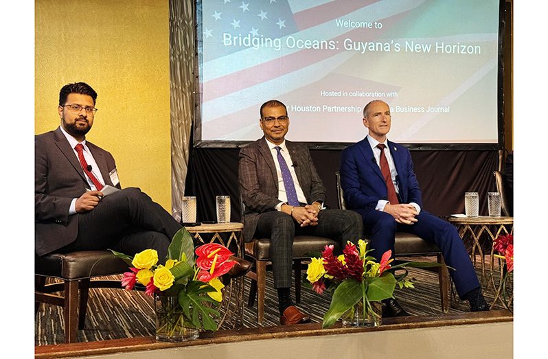 Guyana’s Foreign Secretary, Robert Persaud, and Alistair Routledge, the President of ExxonMobil Guyana, during the panel discussion titled “Bridging Oceans: Guyana’s New Horizon”