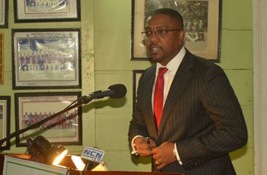 A confident-looking WICB president Whycliffe ‘Dave’ Cameron was caught by Chronicle Sport Cullen Bess-Nelson delivering his feature address last Thursday night at the Guyana Cricket Board awards ceremony.