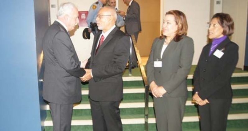 President Donald Ramotar being congratulated by Palestine Foreign Minister, Riad al-Malki, for his representation of the Palestinian people at the UN General Assembly meeting