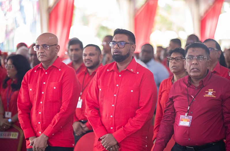 President Dr Irfaan Ali (centre), Vice-President Dr Bharrat Jagdeo (left) and Minister Zulfikar Mustapha (right) lead the list of those elected to the People’s Progressive Party’s Central Committee at the party’s 32nd Congress
