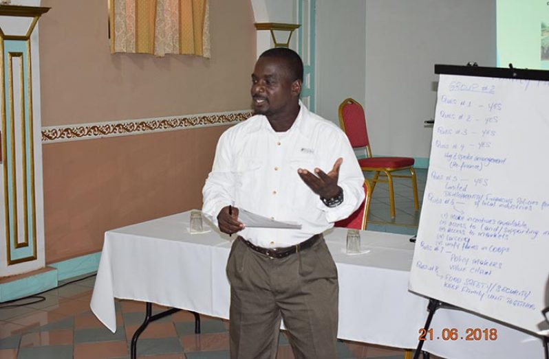 Senior GLDA official, Mr. Selwyn Anthony delivering a group report during the IICA national consultation on Family Farming