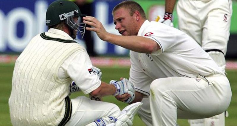 Flashback! England’s Andrew Flintoff (right) consoles Brett Lee after England beat Australia by just two runs to win the second Test at Edgbaston in 2005.