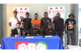 (right to left) GBBC VP Joshua Abdool; CBO President Seon Bristol and CBO Executive Dexter Patterson flanked by boxers after the contract signing