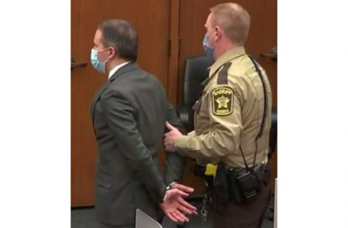 Former Minneapolis police officer, Derek Chauvin, is led away in handcuffs after a jury found him guilty of all charges in his trial for second-degree murder, third-degree murder and second-degree manslaughter in the death of George Floyd in Minneapolis, Minnesota, U.S. April 20, 2021 in a still image from video (Pool via REUTERS)