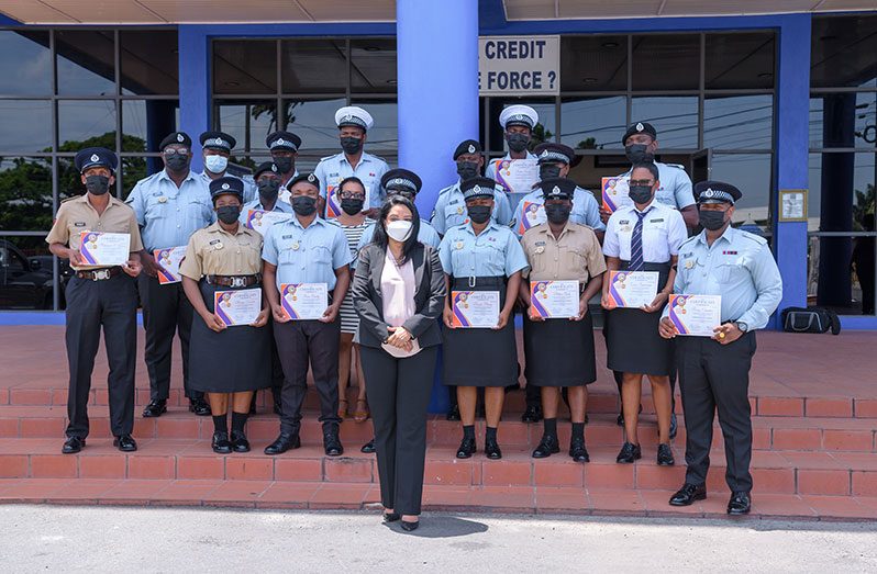 Minister of Human Services and Social Security Dr., Vindhya Persaud along with  graduates of the CopSquad2000 initiative – (Delano Williams photo)
