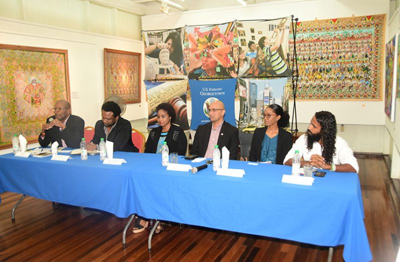 The panellists at Friday’s forum: from right are  Gavin Mendonca, Dominique Hunter , Vishnu Doerga ,  Miriam Williams and Ruel  Johnson . Moderator Enrico Woolford is at left. (Adrian Narine photo)