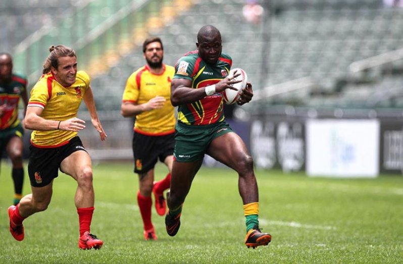 FLASHBACK! Guyana’s Avery Corbin on his way to scoring against Spain at the 2017 IRB Hong Kong Sevens