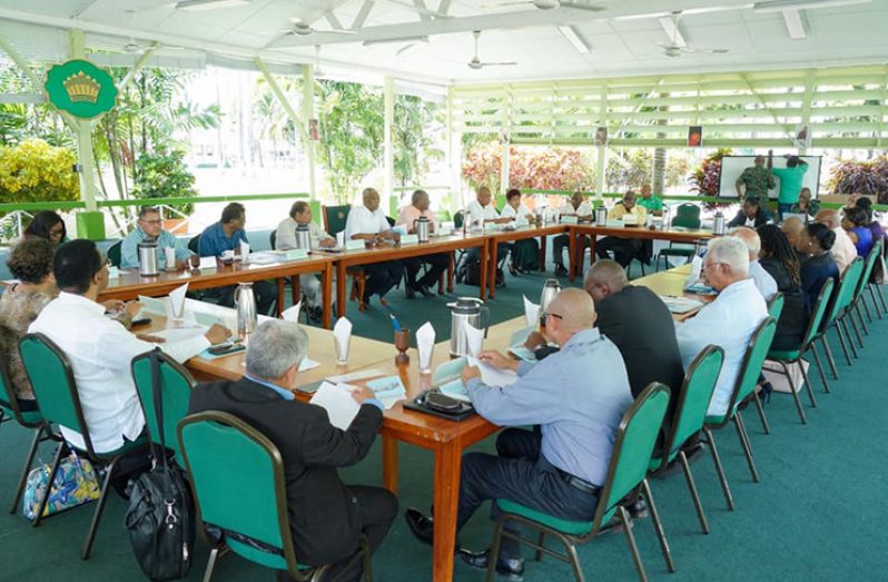President David Granger engaging ministers of government on Friday (MoTP photo)