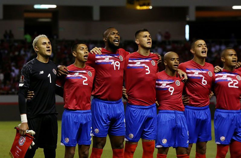 Soccer Football - World Cup - Concacaf Qualifiers - Costa Rica v United States - Estadio Nacional, San Jose, Costa Rica - March 30, 2022 Costa Rica's Keylor Navas with teammates line up during the national anthems before the match REUTERS/Mayela Lop