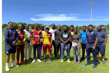 Course Instructors Mr. Brendon Ramlal (left) and Mr. Keshava Ramphal (second right) with participants at the Coolidge Cricket Ground, Antigua.