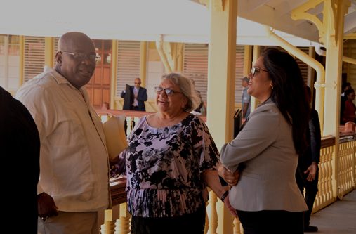 GECOM Commissioner Bibi Shadick in whose name the injunction was filed and team at the High Court on Friday (Adrian Narine photo)