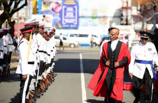 FLASHBACK: Justice Brassington Reynolds inspecting the Guard of Honour during the April 2019 assizes opening ceremony.