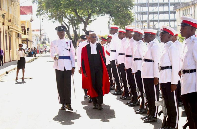 Justice Brassington Reynolds inspecting the Guard of Honour during the opening of the October Assizes (Guyana Police Force photo)