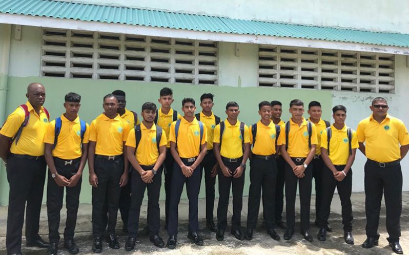 The National Under-17 team and management before they departed yesterday afternoon to compete in this year’s regional tournament in Trinidad and Tobago.
