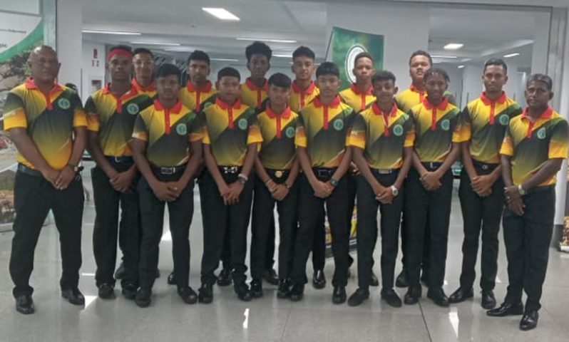 The Guyana Under-15 cricketers before departure yesterday for Grenada