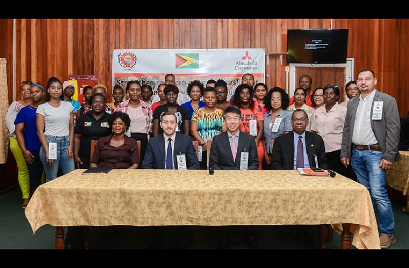 From left, Assistant Secretary of the Guyana Trades Union Congress, Eslyn Harris; Christian Cappuccio, representative of Mitsubishi Corporation; Yohei Sasagawaaz, President of Mitsubishi Corporation Caribbean branch and Principal of Critchlow Labour College, Mr. Ivor B. English, among participants of the training programme