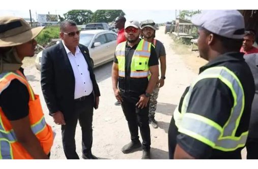 Minister Croal and engineers from CHPA during a site visit to Leonora market access road on Friday last