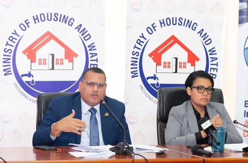 The Minister of Housing and Water, Collin Croal and the Minister Within the Ministry of Housing and Water, Susan Rodrigues, at the end of the 2024 press conference at the Arthur Chung Conference Centre on Friday