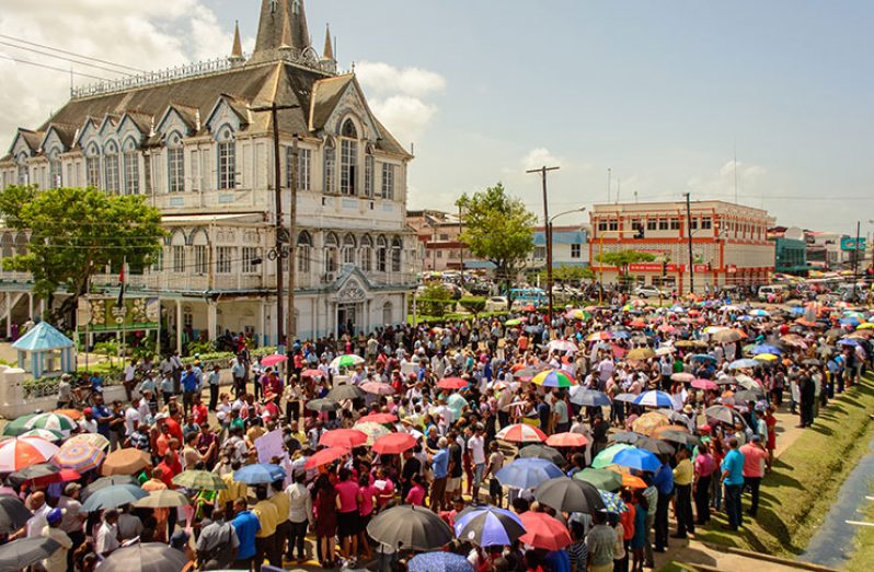A section of the crowd during the peaceful protest outside of City Hall, against the recently-introduced metered parking system in Georgetown