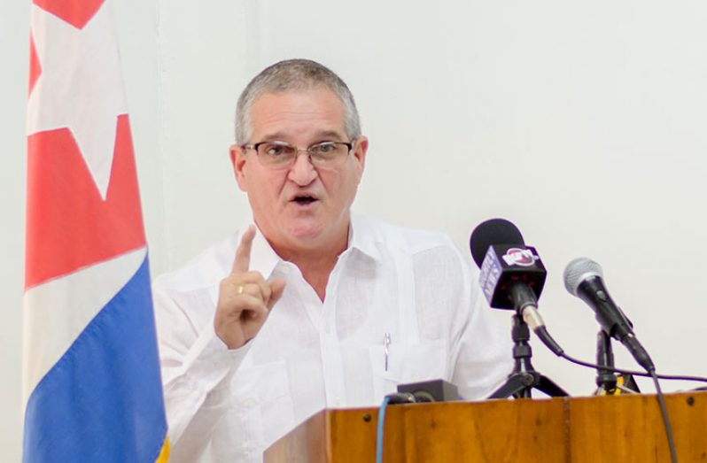 Cuban Ambassador to Guyana ,  Julio César González Marchante , addresses the media on Thursday .