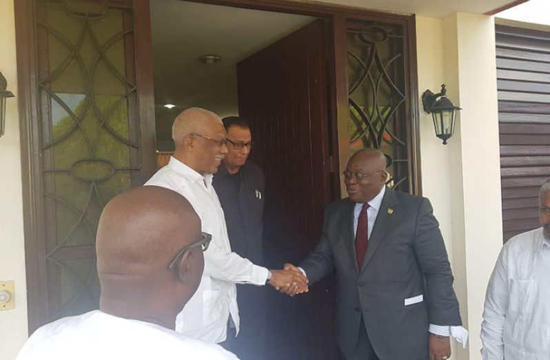 President David Granger greets Nana Addo Dankwa Akufo-Addo, President of the Republic of Ghana, who at the time was on a four-day State visit to Cuba