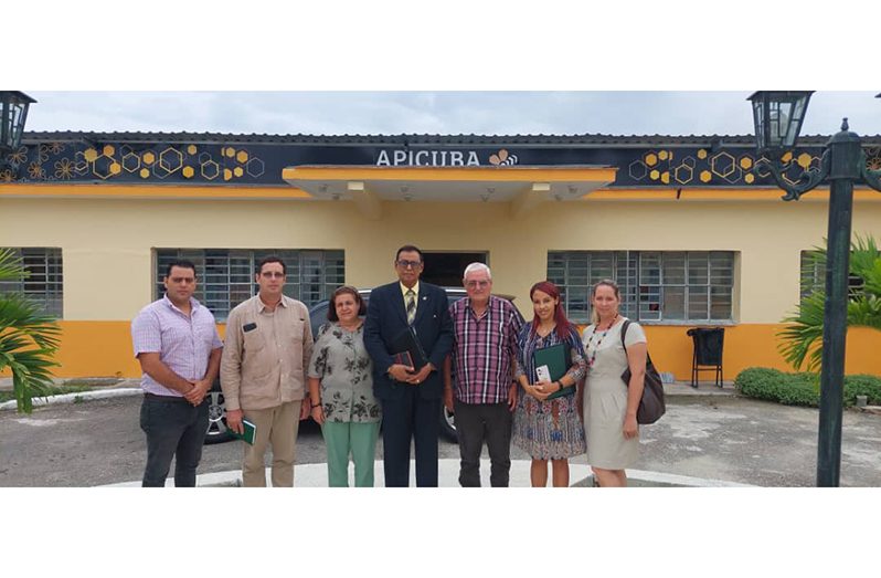 Guyana’s Ambassador to Cuba, His Excellency Halim Majeed, (centre) flanked by Director General Bruno Rodriguez and Ms. Martha Casanova and other officials