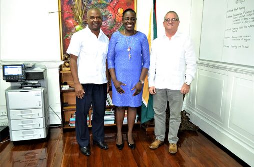 Minister within the Ministry of Education, Ms Nicolette Henry (centre), with her guests, Cuban Ambassador to Guyana, Mr Julio César González Marchante (right) and Professor Jorge Duvalon Ramirez