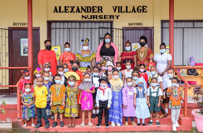 Children and teachers of the Alexander Village Nursery School, recently, celebrated Culture Day, by dressing in the traditional wear of the six ethnic groups of Guyana (Delano Williams photo)