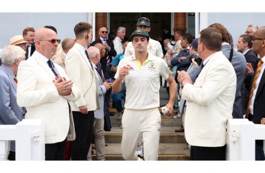 Aussie skipper Pat Cummins leads his team out at Lord’s in the second Test.