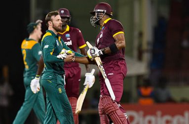 de Villiers congratulates Pollard during Match 1 of the Ballr Cup Tri-Nation Series between West Indies and South Africa at Guyana National Stadium, Providence on Friday June 3, 2016. (Photo by WICB Media/Randy Brooks of Brooks Latouche Photography)