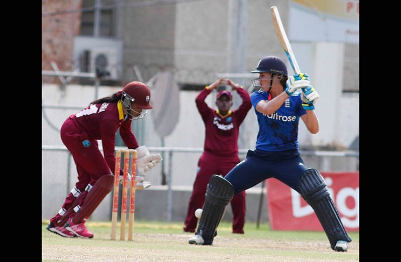 Wicketkeeper Merissa Aguilleira juggles the ball after Natalie Sciver missed a cut shot during the fifth One-day International between West Indies Women and England Women on Wednesday, October 19, 2016 at Sabina Park. (Photo by WICB Media/Athelstan Bellamy)
