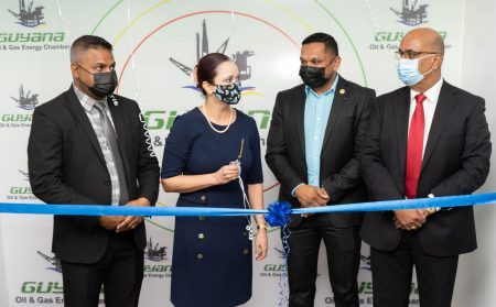 Minister within the Ministry of Public Works, Deodat Indar; GOGEC Vice-President, Luanna Persaud; Natural Resources Minister, Vickram Bharrat; and GOGEC President, Manniram Prashad at the launch on Thursday (DPI photo)