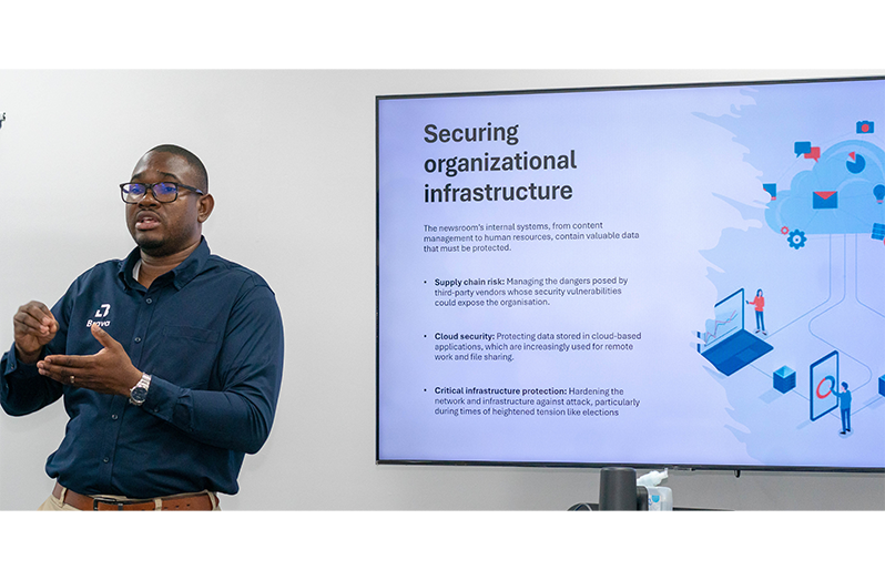 Cybersecurity analyst Cloyd London addressing journalists on protecting sensitive information in the digital era