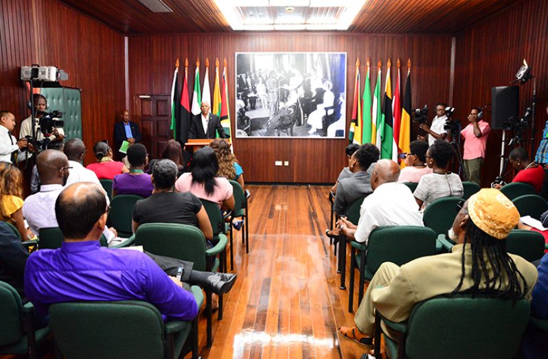 President David Granger addressing journalists at the Ministry of the Presidency, on Friday (Delano Williams photo)