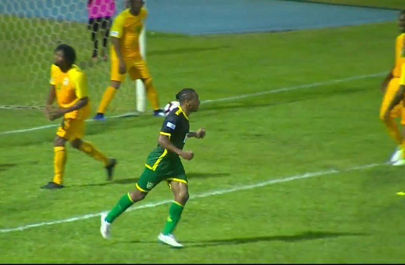 Neil Danns celebrates his 60th minute goal against French Guiana in the CONCACAF Nations League qualifier. French Guiana defeated Guyana 2 – 1.