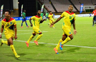Let’s roar! (L-R) Neil Danns, Trayonn Bobb and Captain Samuel Cox will be key in Coach Michael Johnson’s quest for victory against French Guiana tonight. (Samuel Maughn photo)