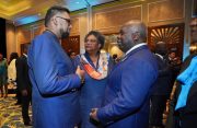 President, Dr Irfaan Ali (left) engages Barbados Prime Minister Mia Mottley (centre) and Bahamian Prime Minister Philip Davis during the recent intersessional CARICOM Heads of Government meeting (Office of the President photo)