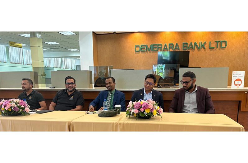 From left to right: DBL’s Senior Manager of Investment and Business Development, Imran Badruddin; Senior Manager of VISA and Finance, Jerrett Morgan; Programme Lead at the Centre for Local Business Development, Ron Glasgow; Executive Director of AMCHAM Guyana, Richard Leo, and Executive Director of the Guyana Manufacturing and Services Association, Govindra Raghubansi