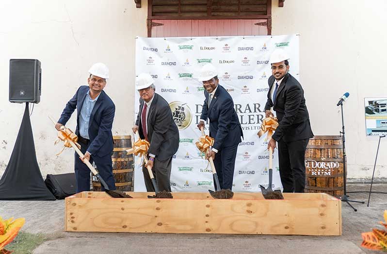 Sod turning: From left, Vasudeo Singh, Deputy Chief Executive Officer DDL; Komal Samaroo, Executive Chairman DDL; Hon Terrence Drew, Prime Minister of St. Kitts and Nevis; Parvash Shiwprashad, Operations Manager DDL St. Kitts