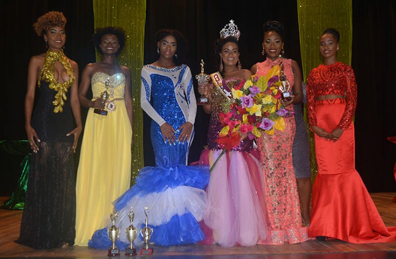 Miss Mash Queen  2017, Aquaila Rupan (third from right), with the other Miss Mash Queen delegates, (from left are: Romichelle Brummel, Ashanti Jasper, 2nd runner up Younette Stepheny, 1st runner up Gabriella Chapman, and Jennile Cumberbatch