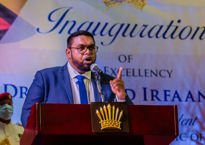 President Irfaan Ali makes a point while delivering his speech at the inauguration ceremony (Delano Williams photo)
