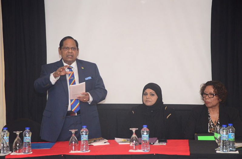 Acting President and Prime Minister, Mr Moses Nagamootoo speaking at the RCC workshop at the Herdmanston Lodge on Thursday, while seated at the head table are RCC Chair, Ms Aleema Nasir and Minister within the Ministry of Indigenous People’s Affairs, Ms Valerie Garrido-Lowe