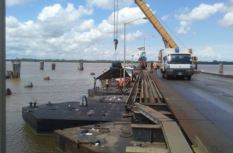 Works that were ongoing on the Demerara Harbour Bridge on Saturday.